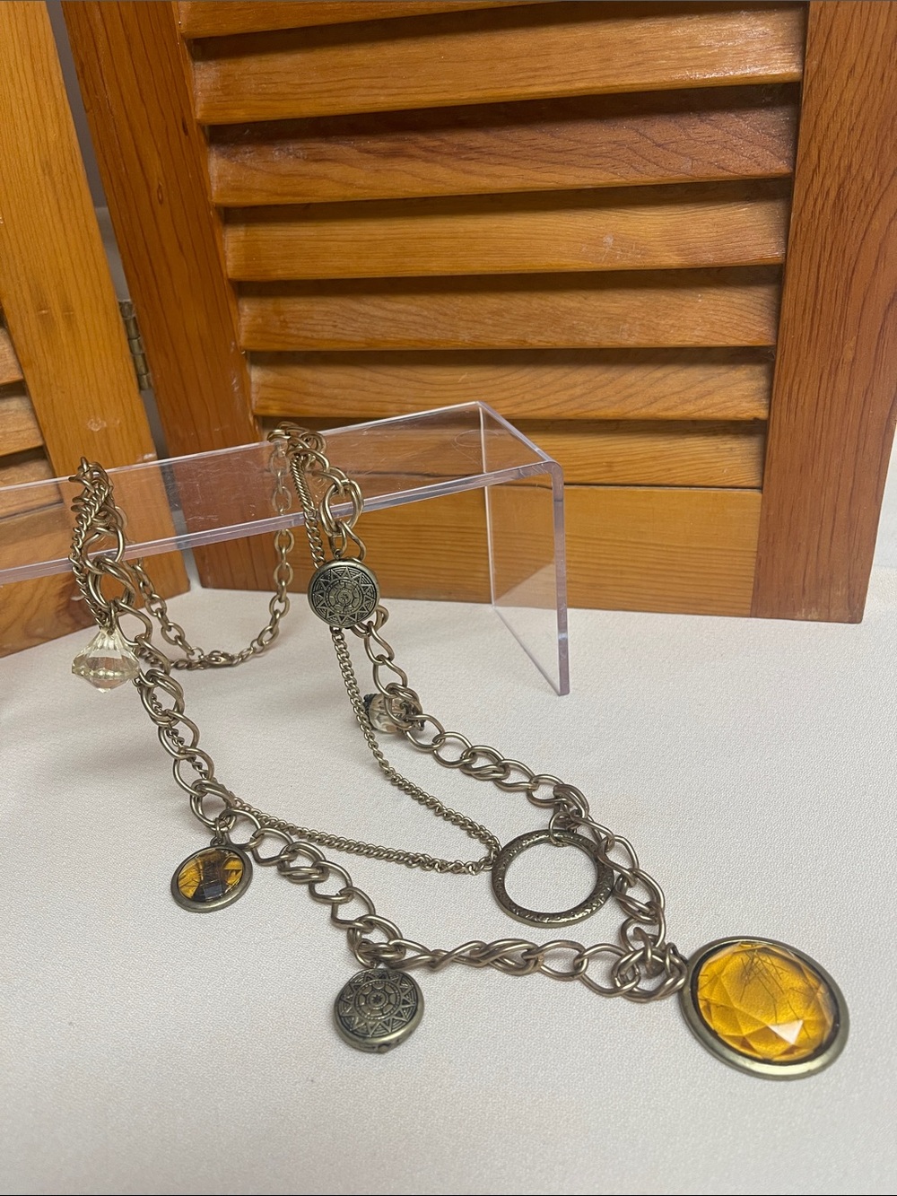Layered Amber Pendant Gold Tone Chain Necklace